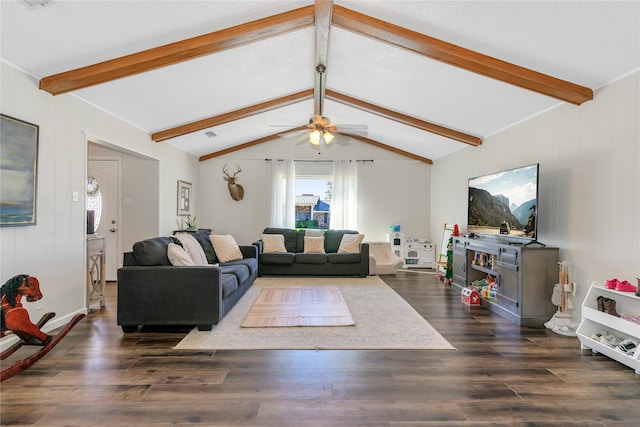 living room with dark hardwood / wood-style floors, lofted ceiling with beams, and ceiling fan