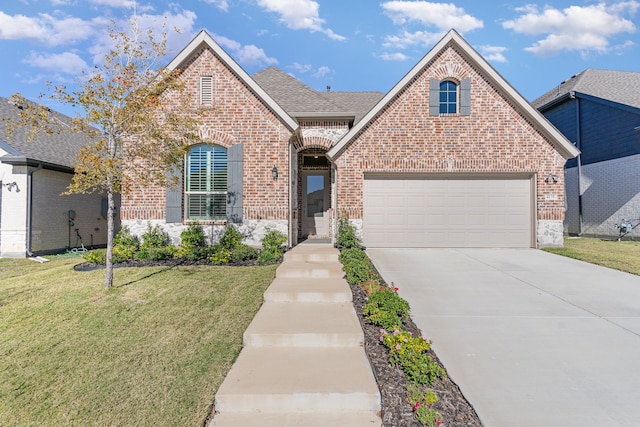 front facade featuring a front yard and a garage