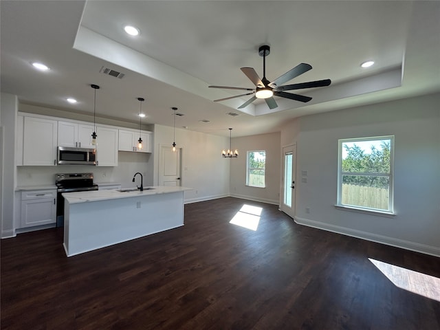 kitchen with dark hardwood / wood-style floors, white cabinetry, a kitchen island with sink, and appliances with stainless steel finishes