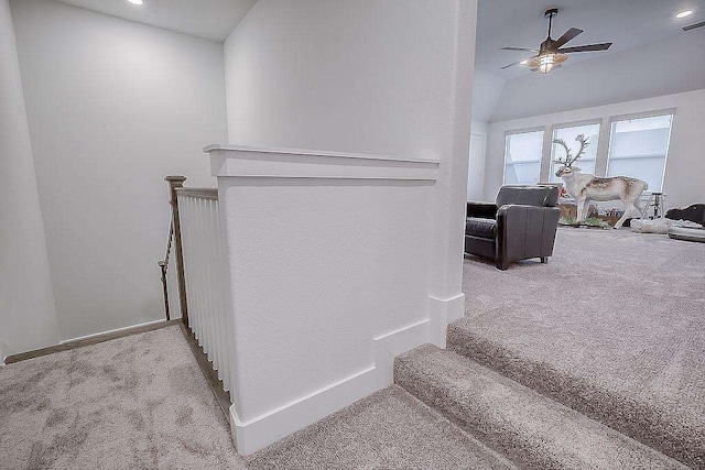 stairs featuring carpet flooring, ceiling fan, and vaulted ceiling