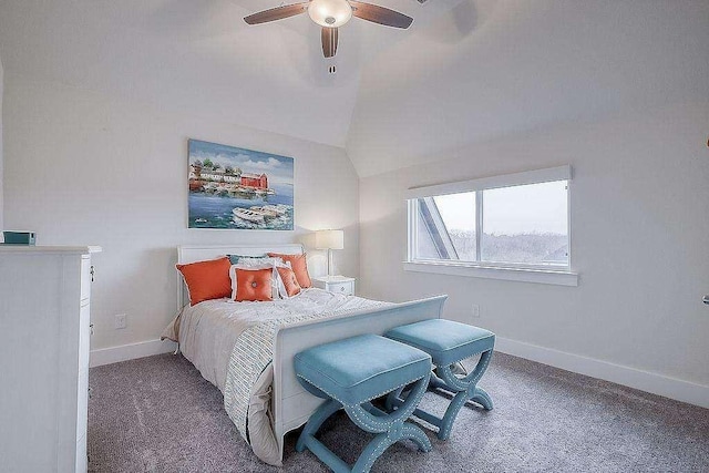 carpeted bedroom featuring ceiling fan and lofted ceiling