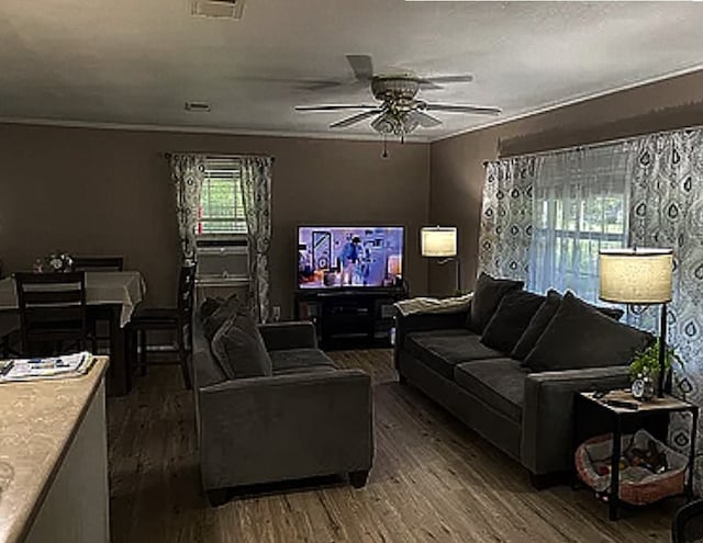 living room featuring dark hardwood / wood-style floors and ceiling fan