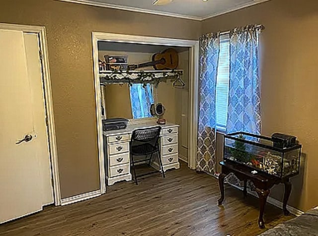 bedroom featuring crown molding and dark hardwood / wood-style flooring