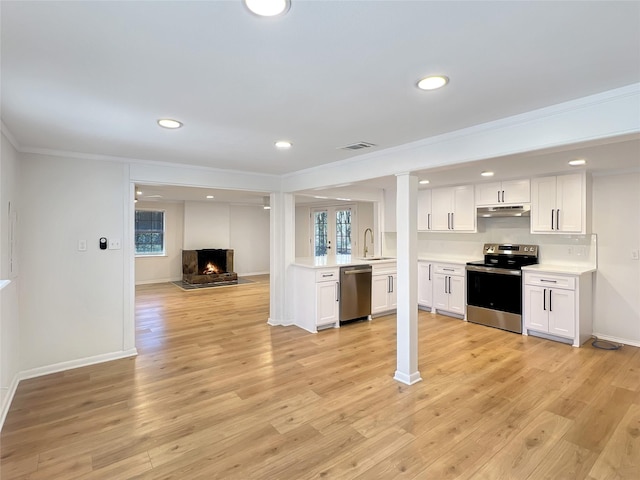 kitchen featuring stainless steel appliances, open floor plan, a sink, under cabinet range hood, and a lit fireplace