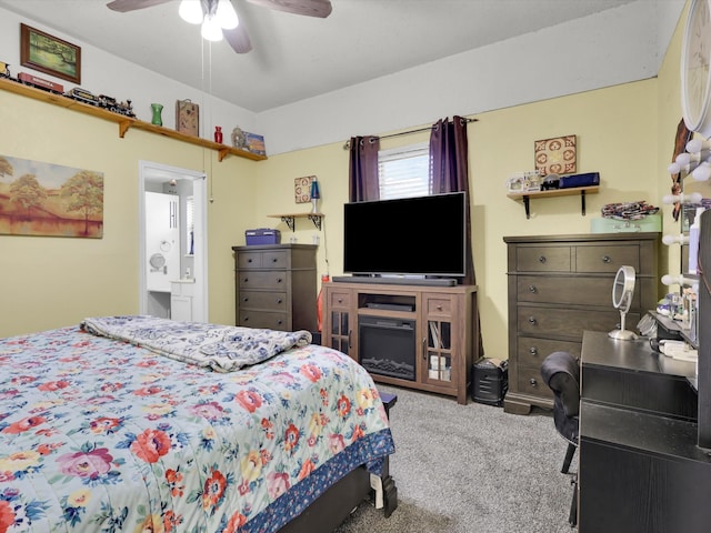 carpeted bedroom featuring ceiling fan