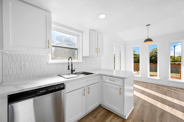 kitchen featuring dark wood-type flooring, sink, stainless steel dishwasher, tasteful backsplash, and white cabinetry