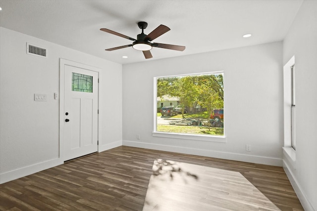 entryway featuring dark hardwood / wood-style flooring and ceiling fan