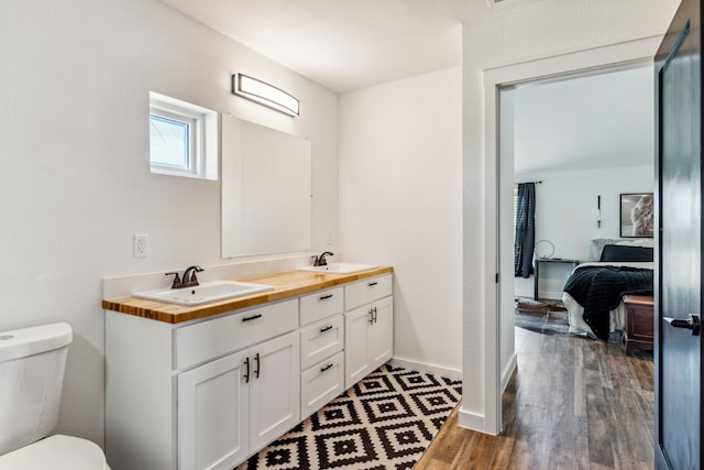 bathroom with wood-type flooring, vanity, and toilet