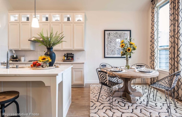 kitchen featuring plenty of natural light, decorative backsplash, hanging light fixtures, and light hardwood / wood-style flooring