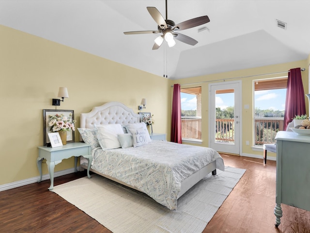 bedroom with dark hardwood / wood-style flooring, access to outside, ceiling fan, and lofted ceiling