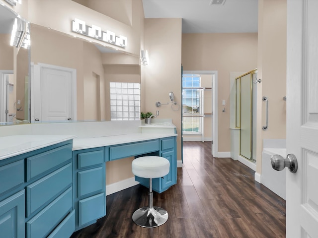 bathroom with vanity, wood-type flooring, and an enclosed shower