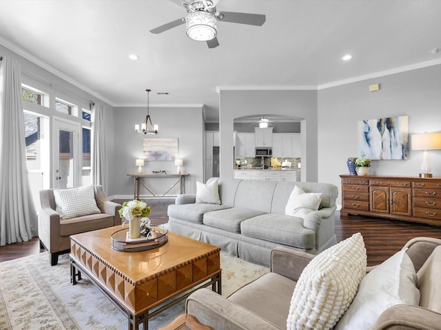 840 Bentwater Pkwy, Grand Prairie, TX 75104 - living area with ceiling fan, dark wood-style floors, crown molding, recessed lighting, and a chandelier