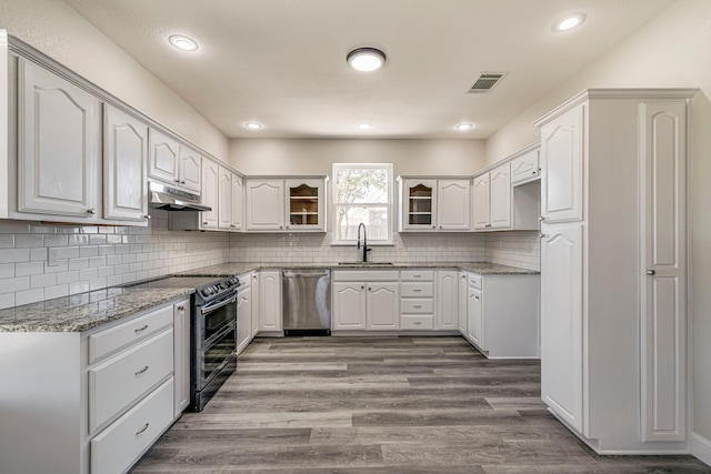 kitchen featuring white cabinetry, electric range, sink, and stainless steel dishwasher