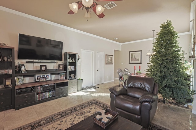 tiled living room with crown molding and ceiling fan