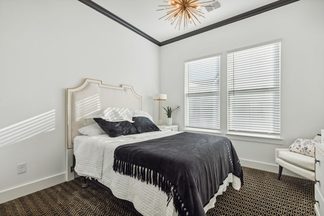 bedroom featuring carpet floors and crown molding