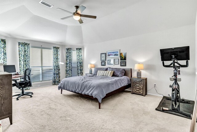 bedroom featuring light carpet, ceiling fan, and lofted ceiling