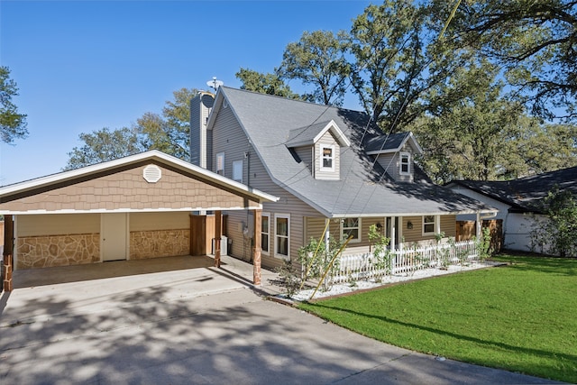 cape cod home featuring a porch, a front yard, and a carport