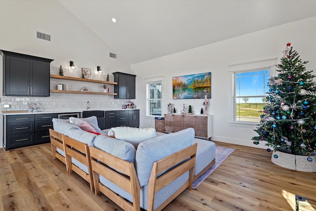 living room with high vaulted ceiling and light hardwood / wood-style flooring