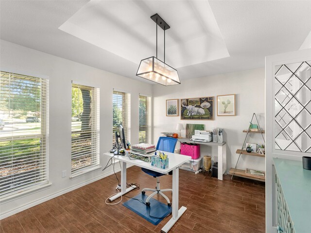 office area featuring a tray ceiling and dark wood-type flooring