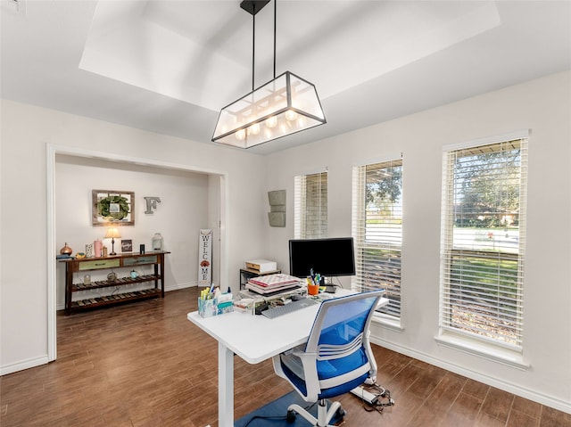 office with a tray ceiling and dark hardwood / wood-style floors