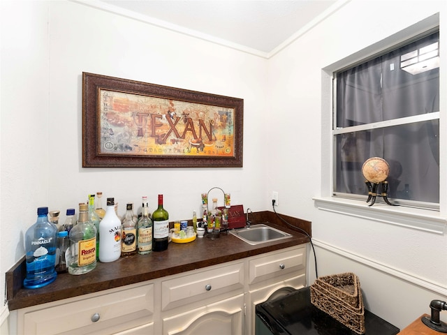 bar with white cabinets, crown molding, and sink