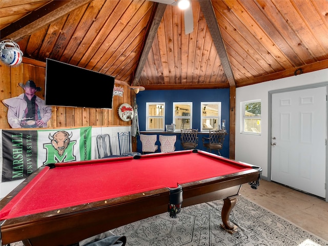 rec room with wood ceiling, wooden walls, billiards, tile patterned flooring, and vaulted ceiling with beams