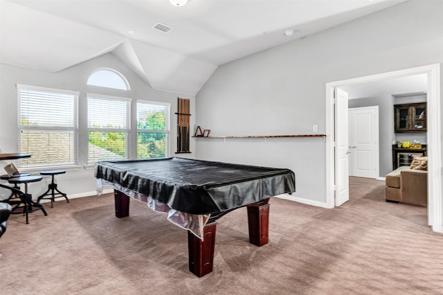 recreation room featuring lofted ceiling, pool table, and carpet floors