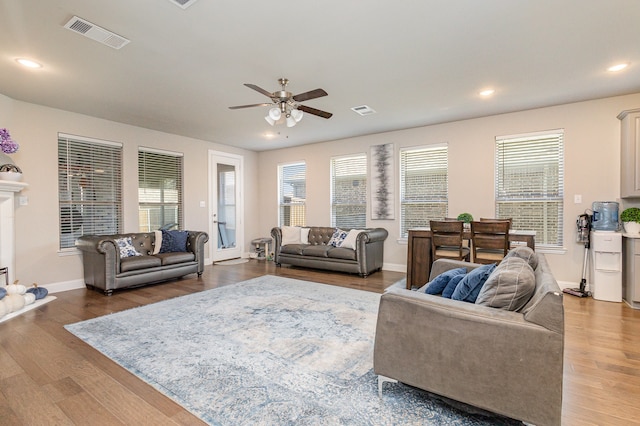 living room featuring ceiling fan and wood-type flooring