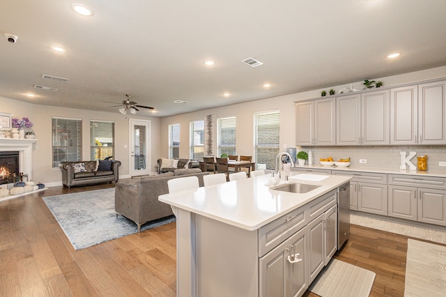 kitchen featuring light hardwood / wood-style floors, ceiling fan, sink, gray cabinets, and an island with sink