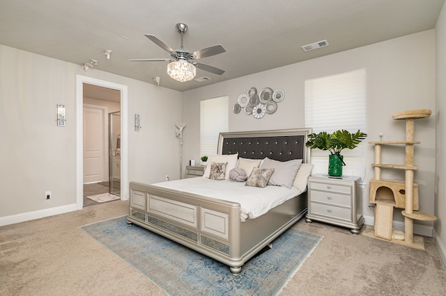 carpeted bedroom featuring ceiling fan