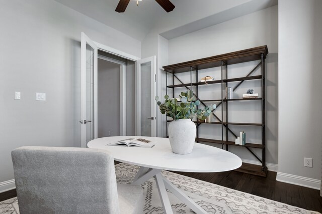 dining space featuring french doors, dark hardwood / wood-style floors, and ceiling fan