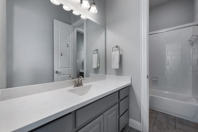 bathroom with tile patterned flooring, vanity, and tiled shower / bath combo