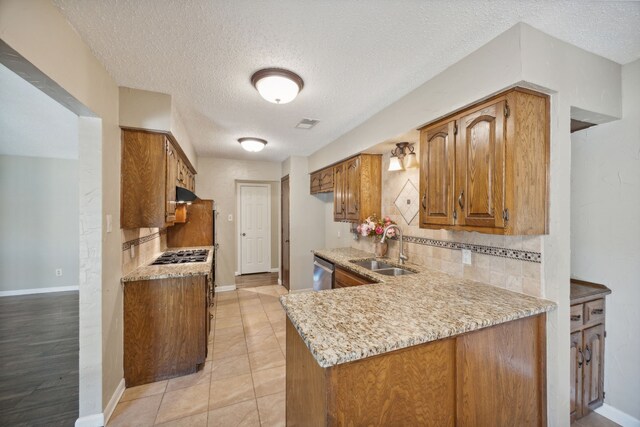 kitchen with sink, ventilation hood, backsplash, a textured ceiling, and appliances with stainless steel finishes