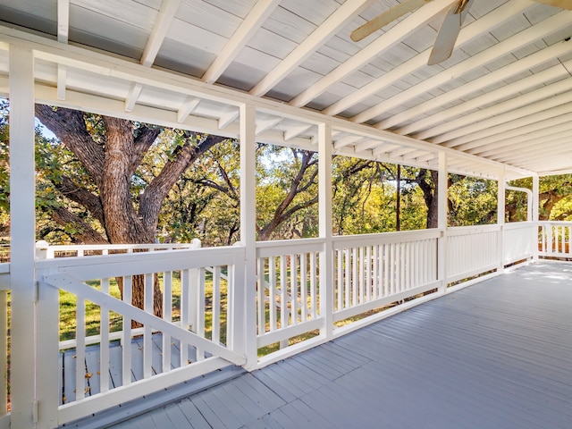 view of patio / terrace with ceiling fan and a wooden deck