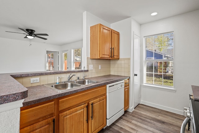 kitchen featuring ceiling fan, sink, tasteful backsplash, white dishwasher, and wood-type flooring