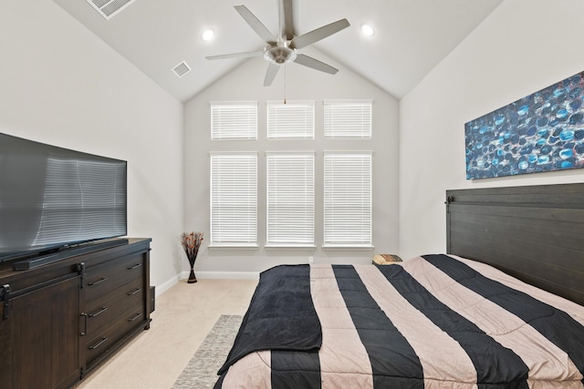 bedroom with visible vents, light colored carpet, a ceiling fan, and baseboards