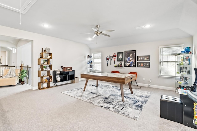 carpeted office featuring baseboards, attic access, recessed lighting, ceiling fan, and vaulted ceiling