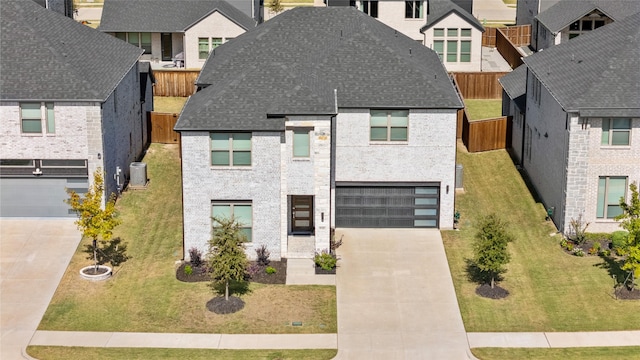 view of front of house featuring brick siding, a residential view, driveway, and roof with shingles