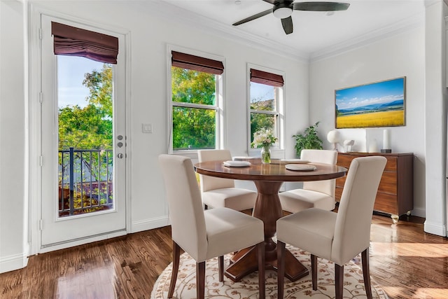 dining space featuring ornamental molding, hardwood / wood-style floors, and ceiling fan