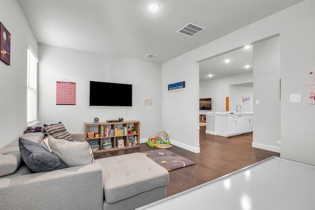 living room featuring dark hardwood / wood-style floors and sink