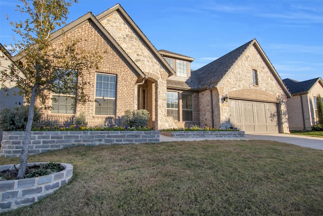 view of front facade featuring a front yard and a garage