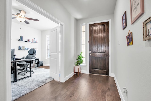 foyer featuring dark hardwood / wood-style floors and ceiling fan