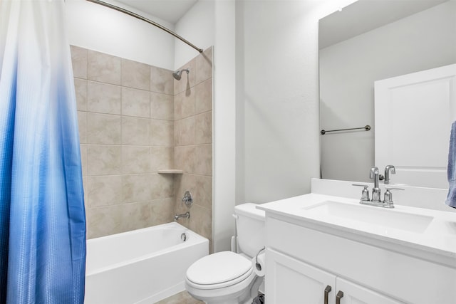 full bathroom featuring vanity, shower / bathtub combination with curtain, and toilet