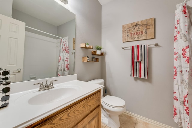 bathroom with tile patterned floors, vanity, toilet, and a shower with curtain