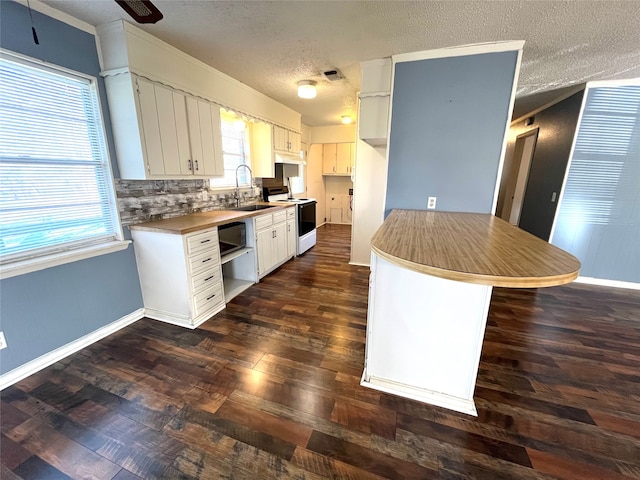 kitchen with backsplash, white cabinets, white electric range, sink, and dark hardwood / wood-style floors