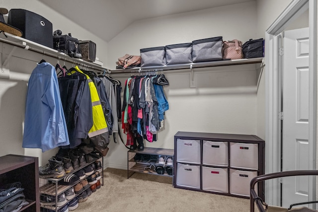 spacious closet with light carpet and lofted ceiling