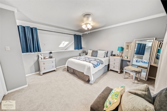 bedroom with ceiling fan, carpet floors, and ornamental molding