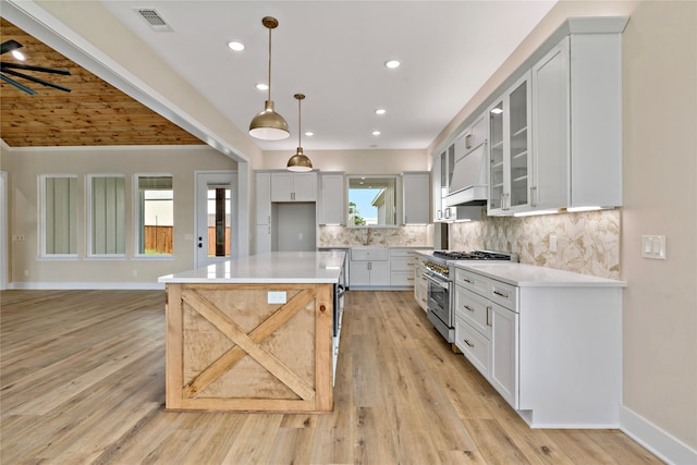 kitchen with white cabinets, high end range, a wealth of natural light, and light hardwood / wood-style flooring