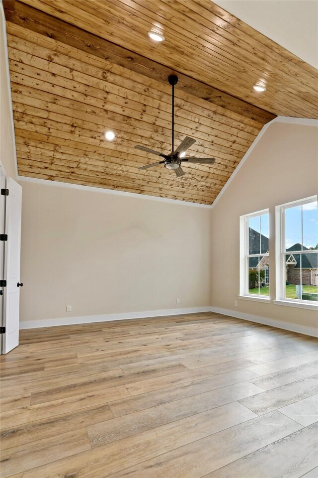 empty room featuring light hardwood / wood-style flooring, ceiling fan, lofted ceiling, and wood ceiling