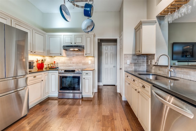 kitchen featuring decorative backsplash, light hardwood / wood-style floors, sink, and stainless steel appliances